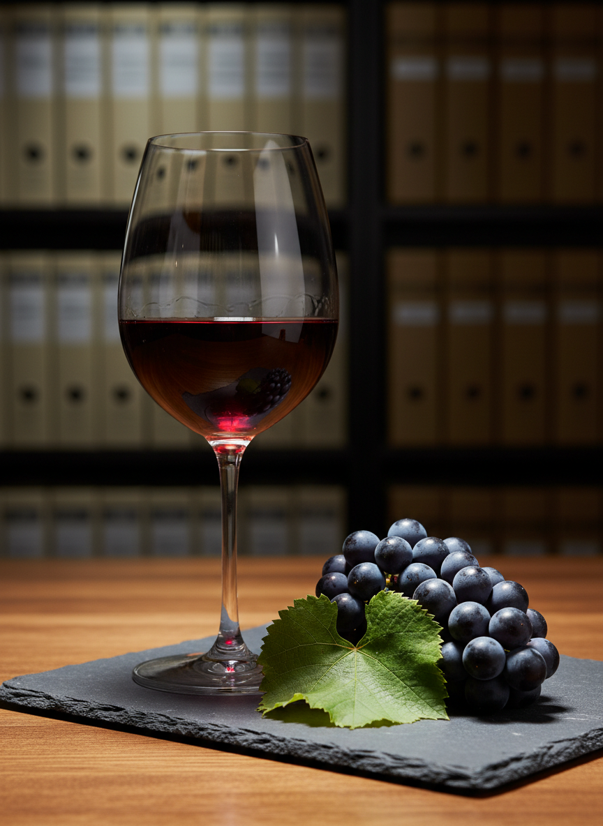 An intimate close-up of a single, deep garnet wine in a thin-stemmed crystal glass, positioned beside a cluster of fresh, dark blue grapes and a neatly arranged leaf from a grapevine, symbolizing the circle’s ampelographic focus. The ensemble rests on a slate board atop a refined wooden restaurant table, with a blurred background of shelves lined with unlabeled binders and storage boxes hinting at tasting archives and notes. Soft, focused spotlighting from above caresses the curves of the glass and the glossy skin of the grapes, creating vivid reflections and gentle shadows. Photographic realism, shot at a low angle with shallow depth of field, evokes a scholarly yet sensual mood, celebrating both the science and pleasure of wine.
