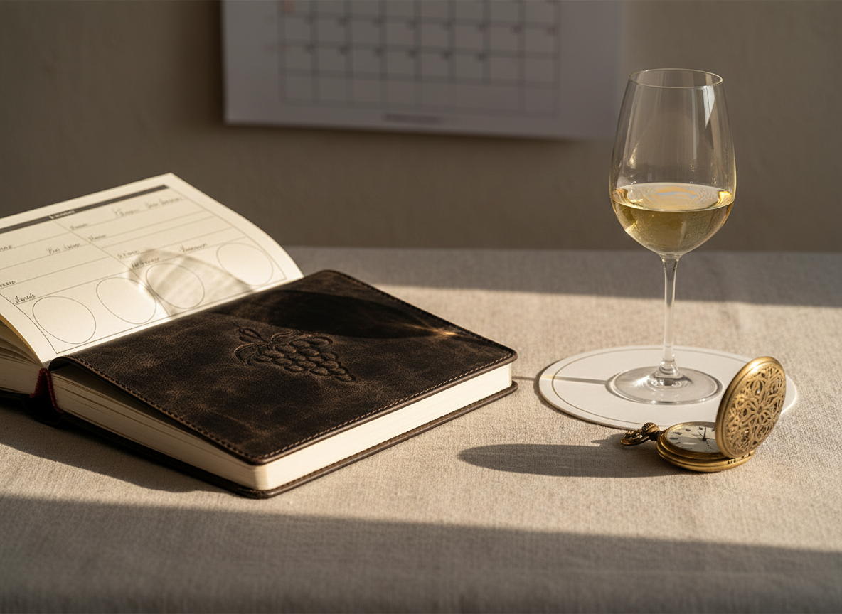 A high-resolution photographic close-up of a dark leather-bound tasting journal lying on a linen-draped restaurant table, slightly open to reveal blank, cream-colored pages formatted with elegant, non-legible lines and circles for structured notes. Beside it, a single glass of golden white wine rests on a minimalist tasting mat, next to an antique brass pocket watch set near midday, subtly referencing the last-Sunday schedule. In the softly blurred background, an out-of-focus wall calendar with indistinct markings hints at organized events without readable dates. Gentle late-morning sunlight from the side creates rich textures on leather, paper, and linen, reinforcing a reflective, academic, and sophisticated atmosphere.