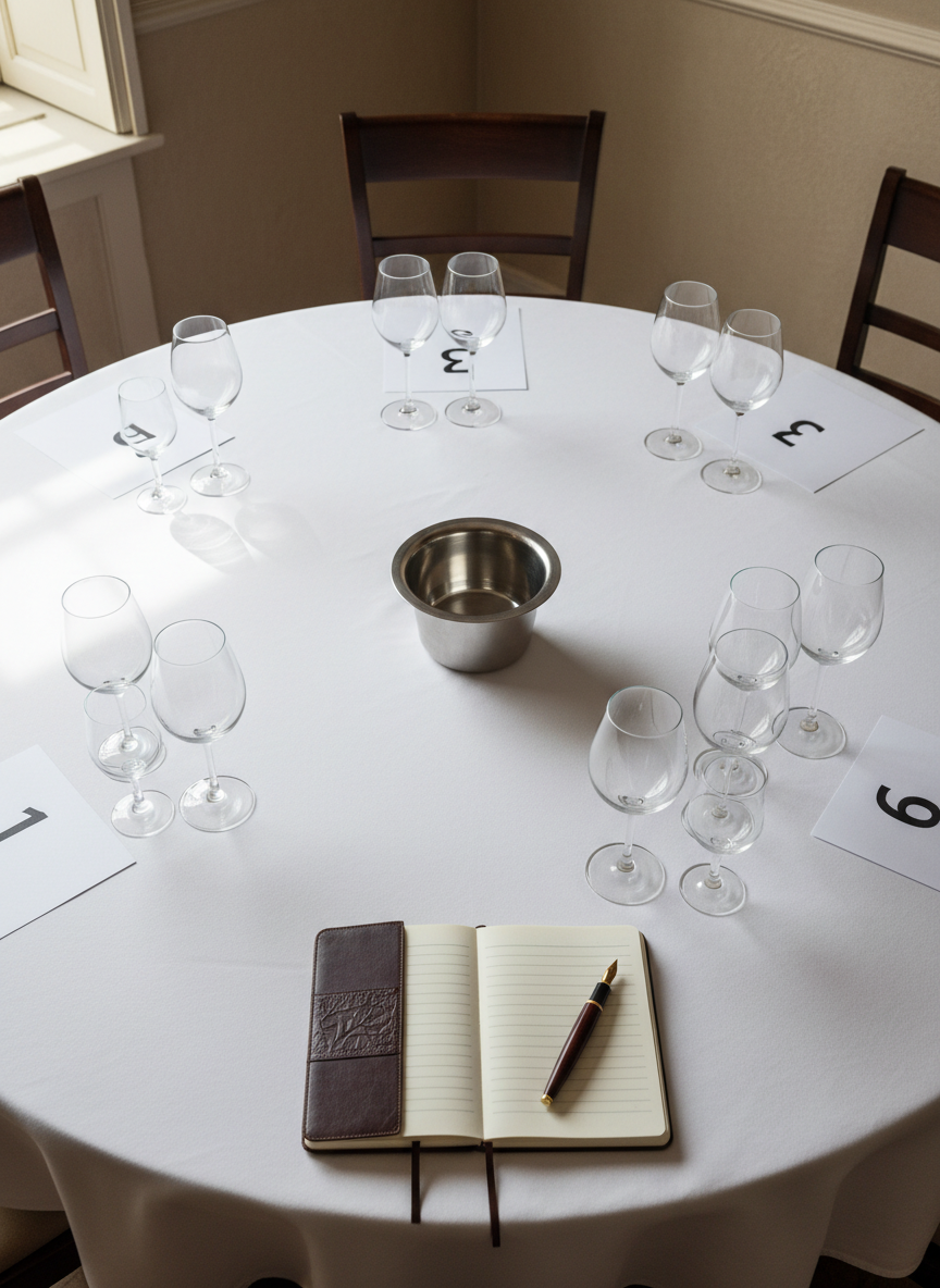 An overhead photographic view of a meticulously arranged restaurant table prepared for a formal wine tasting session of the Cercle Académique. On a pristine white tablecloth, numbered but text-free tasting place cards, neatly aligned empty crystal glasses, and a polished steel spittoon create an orderly pattern. A leather-bound notebook lies open with a fountain pen resting diagonally, the page blank of legible writing yet textured with faint lines. Soft, diffused daylight from side windows casts a serene glow, while dark wooden chairs and muted walls frame the scene. The composition uses clean geometric balance and sharp focus, conveying discipline, exclusivity, and the intellectual rigor of oenological and ampelographic study.